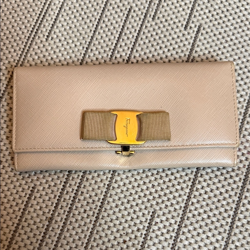 Salvatore Ferragamo Taupe Leather Wallet with Gold Accent